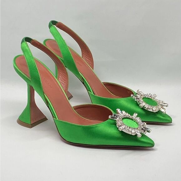 Amina Muaddi  Begum 95MM Satin & Crystal-Adorned Slingback Pumps size 37.5 - Picture 3 of 14